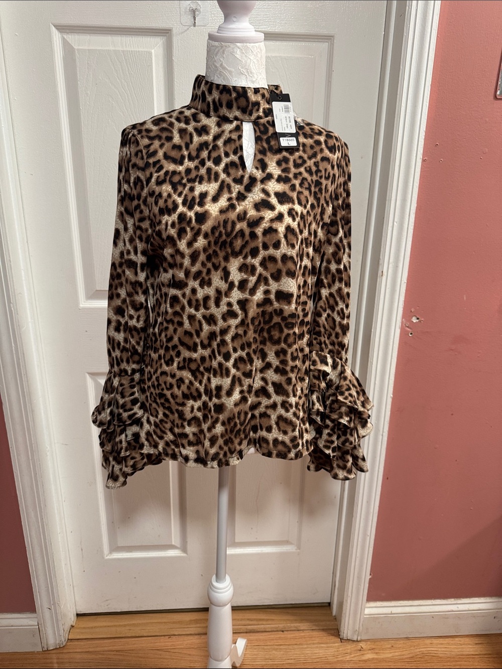 Mock Neck Leopard Print Ruffle Sleeve Blouse - Brown - Picture 3 of 7